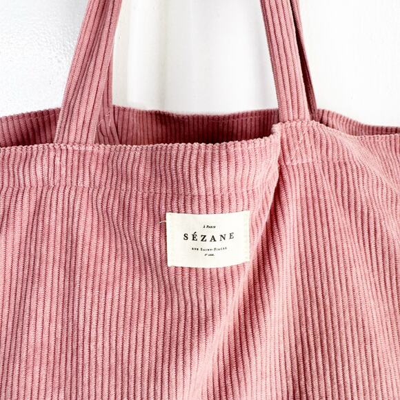 Sezane Tote Bag Pink La Maille Ribbed Corduroy Double Handle Lined Rectangular - Picture 2 of 12